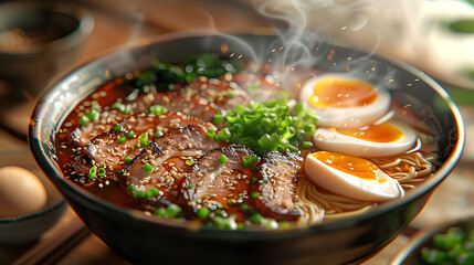Close-up of a steaming bowl of ramen topped with tender pork slices, ideal for searches related to Asian cuisine, noodles, and comfort food.
