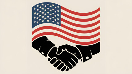 Celebrating American Partnerships A Handshake with the US Flag Symbolizing Unity and Collaboration, Perfect for Business, Politics, and Patriotic Themes
