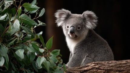 Fototapeta premium Koala Sitting on Tree Branch Among Leaves in Natural Habitat