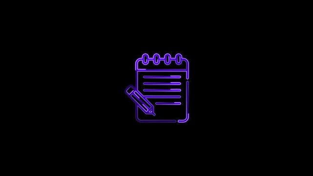Neon purple outline icon of a notepad and pencil on a black background notebook paper