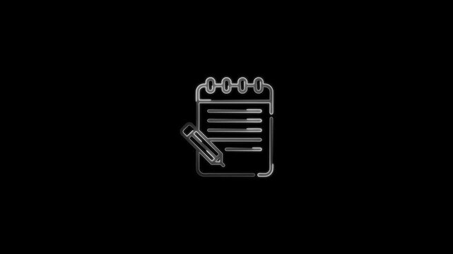 Neon white outline icon of a notepad and pencil on a black background notebook paper