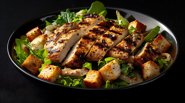 Close-up image of a fresh Caesar salad topped with crunchy croutons and creamy dressing, ideal for food, recipe, and healthy meal searches.
