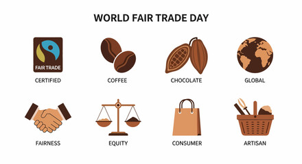 World Fair Trade Day icons illustrating certification coffee chocolate global reach fairness equity consumer and artisan goods