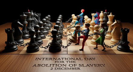 Chess pieces and figures chained together on a chessboard, with a message "International Day for the Abolition of Slavery, 2 December" written at the bottom.
