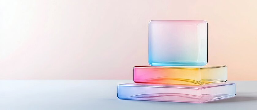 Three rectangular glass blocks with rounded edges are stacked vertically on a light blue surface. The blocks display a smooth gradient of colors, transitioning - Powered by Adobe