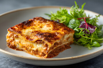 Hyper-Realistic Commercial Food Photography of Delicious Lasagna with Fresh Green Salad on a White Plate