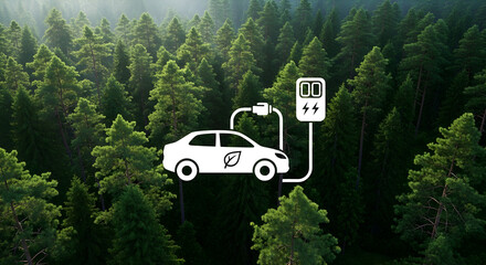 Drive the Future Sustainable choices as an electric vehicle charges amidst a lush forest, embodying eco friendly living and paving the way for green transportation solutions