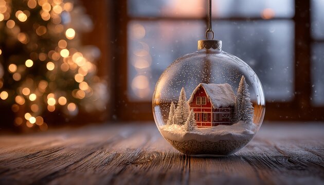 Transparent holiday globe displaying a miniature snow-covered cabin scene rests on a wooden surface indoors