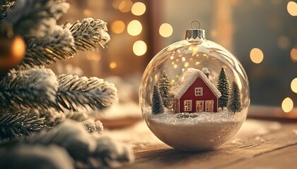 Clear glass holiday ornament displaying a miniature snow-covered scene rests beside a frosted evergreen branch.
