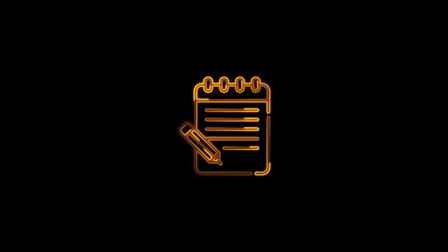 Neon orange outline icon of a notepad and pencil on a black background notebook paper