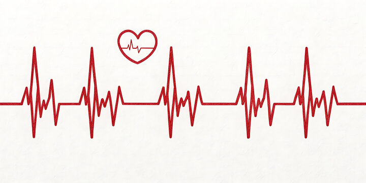 Red heartbeat ekg line with heart symbol on white background