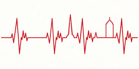 Abstract red waveform representing sound or data on a white background