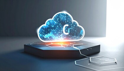 Glowing digital cloud sits atop modern hexagonal pedestal