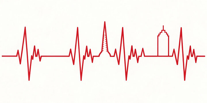 Abstract red waveform representing sound or data on a white background