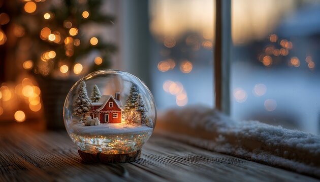 Decorative glass sphere containing a miniature winter scene rests on a wooden surface indoors near a snowy window