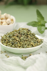 Dried Green Tea Leaves with Fresh Mint and Sugar - Herbal Beverage Preparation