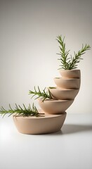 Fototapeta premium Minimalist still life of wooden bowls and rosemary sprigs emphasizing natural textures and warm tones for a calming aesthetic