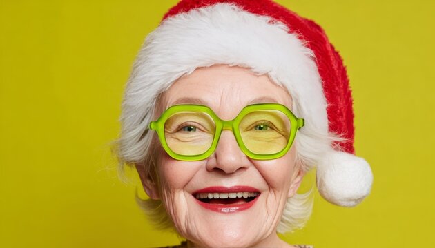Joyful elderly woman wearing a festive hat and bright green spectacles against a solid background - Powered by Adobe