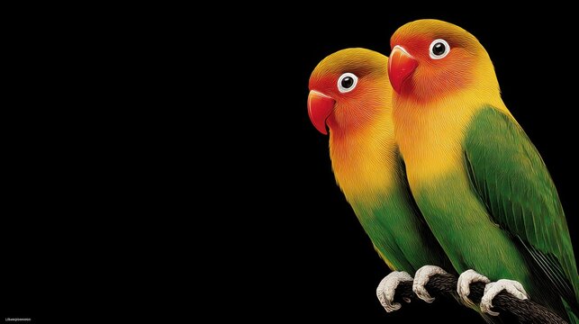Colorful Lovebirds Perched Together on Black Background