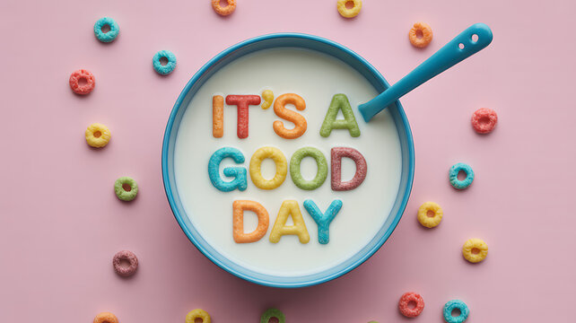 Bowl of colorful cereal with letters spelling its a good day on a pink background - Powered by Adobe