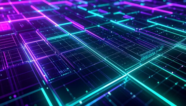 A vibrant purple and teal neon 3D grid with glowing lines creating deep cyberpunk visual aesthetics perfect for tech themed projects
