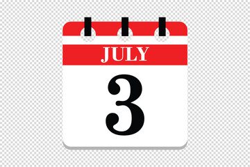 3 July Calendar icon vector, 3 dates of July month calendar icon, dates of July 3 icon calendar, vector calendar icon.