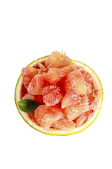 Fresh Thai Pomelo Citrus Fruit Segments in Natural Rind Bowl on White Background