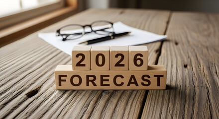 Get ready for 2026 with a clear financial forecast using these wooden blocks arranged on a rustic wooden desk, perfect for finance, business, and investment planning concepts