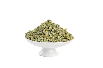Dried Green Tea Leaves in White Bowl - Herbal Beverage Ingredients