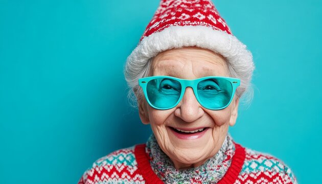 Elderly woman wearing vibrant accessories and festive attire beams brightly against a solid blue background