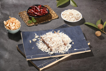 Dried Sea Shrimp and Asian Cooking Ingredients on Dark Slate Background