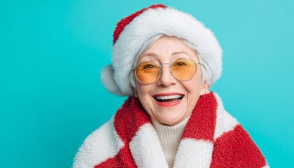 Cheerful elderly woman wearing festive winter attire and tinted glasses smiles broadly against a bright backdrop