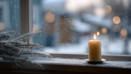 Illuminated candle and frosted pine branch rest upon a snowy interior windowsill during a cold outdoor scene