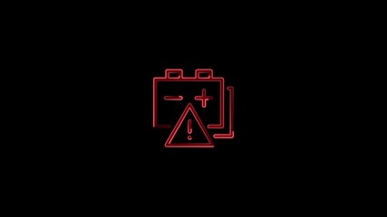 Red Neon Car Battery Icon with Exclamation Mark in Triangle on Black Background vehicle power