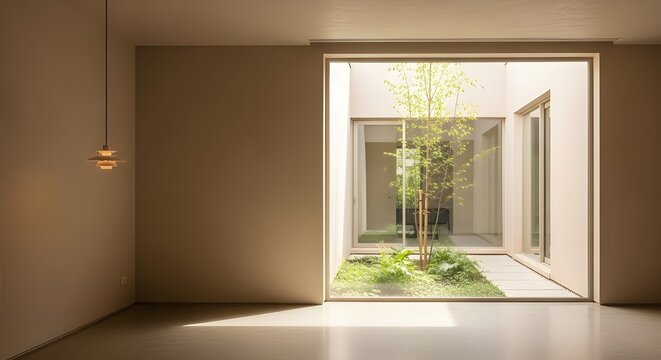 Minimalist interior with courtyard view and natural light featuring earth tones and clean lines creating a serene and modern living space