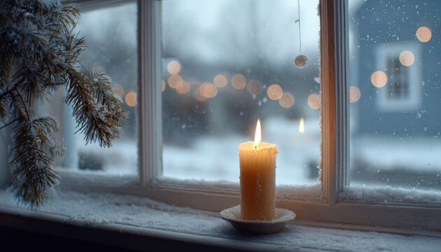Warm glowing candle illuminates a snowy window frame during a cold evening