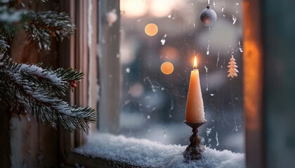 Illuminated tapered candle rests on a snowy windowsill beside evergreen branches during twilight