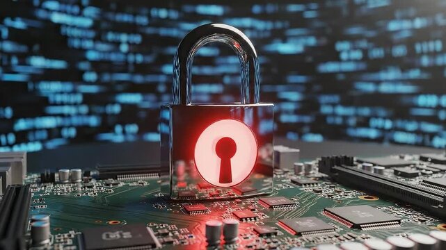 Cybersecurity Protection - Digital Lock on Circuit Board, Data Security Concept.