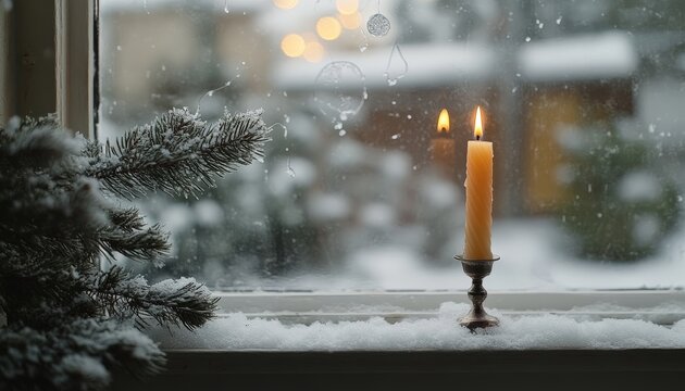 Warm glowing taper illuminates snowy winter window scene with evergreen bough
