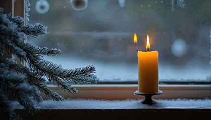 Glowing yellow candle illuminates a snowy windowsill beside frosted evergreen branches viewed through a wintry window