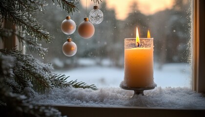 Glowing wax illumination rests near frosted evergreen branches and hanging spherical decorations beside a winter scene viewed through glass
