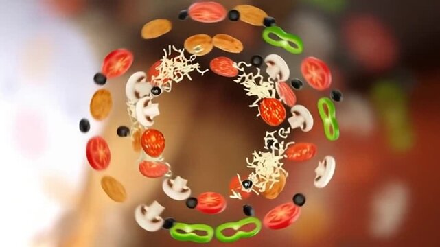 Pizza Ingredients in Dynamic Circular Motion: Tomatoes, Pepperoni, Mushrooms, Olives, Peppers, Cheese