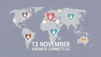 Global Kindness Day Concept: Hearts with Hands Connecting the World on November 13th, Promoting Unity, Love, and Collaboration Across Continents