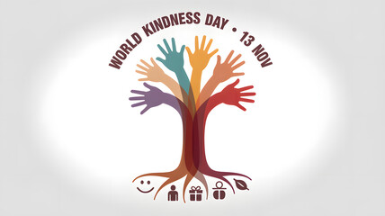 Celebrate World Kindness Day November 13th with a vibrant tree of diverse hands symbolizing unity, compassion, and the power of positive actions