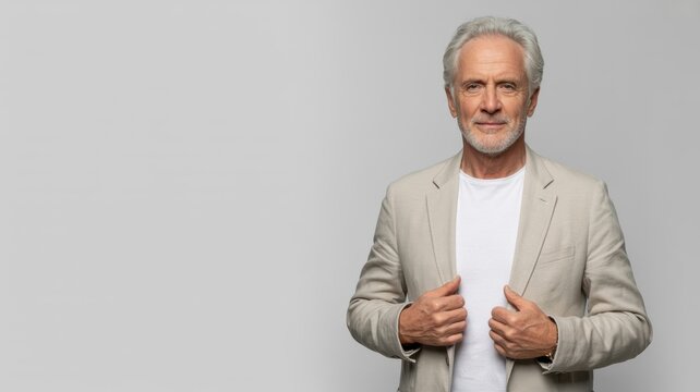 Confident mature businessman in stylish blazer looking directly at the camera with a friendly expression on a clean background, perfect for professional branding