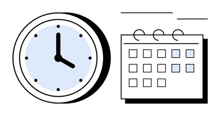 Analog clock and grid calendar represent time tracking, planning, and organization. Ideal for time management, productivity, scheduling, deadlines, appointments, events simple flat metaphor