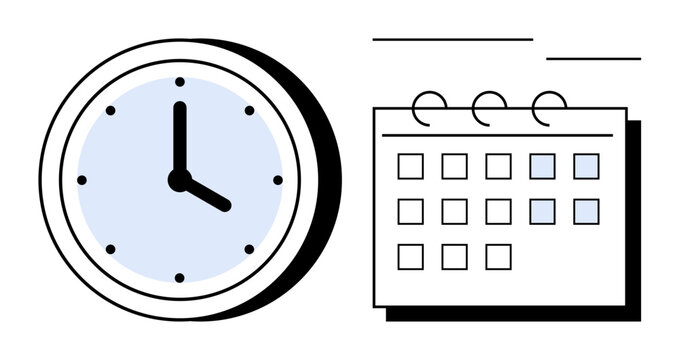 Analog clock and grid calendar represent time tracking, planning, and organization. Ideal for time management, productivity, scheduling, deadlines, appointments, events simple flat metaphor