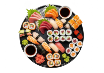 Assortment of fresh sushi and sashimi platter with soy sauce isolated on transparent background