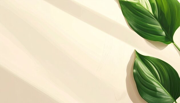 Two verdant leaves cast shadows on a light beige background - Powered by Adobe