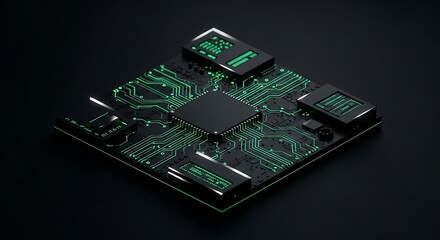 High Performance Microprocessor Chip Mounted on a Dark Motherboard with Bright Green Neon Traces Illustrating Advanced Digital Connectivity and Fast Electronic Data Processing Capabilities